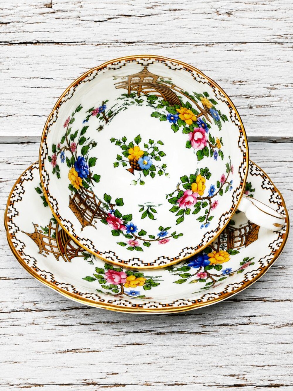 Rare Aynsley Pagoda Pattern Teacup and Saucer Set England Vintage Bone China